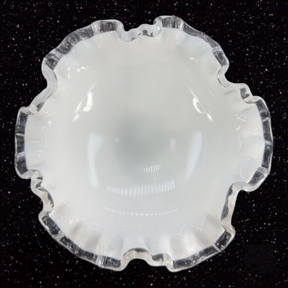 Fenton Silver Crest Footed Bowl Ruffle Edges Milk Glass Clear Edge Vintage VTG - Picture 4 of 10